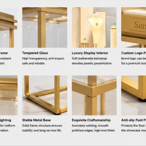 Jewelry Full Gold Cube Pedestal Display Tower | Light Metal Vertical Showcase – Sunzen 5 Material & Craft Close-up of All Polished Golden Hollow Square Frame Cube Glass Vertical Jewelry Display Pedestal Tower