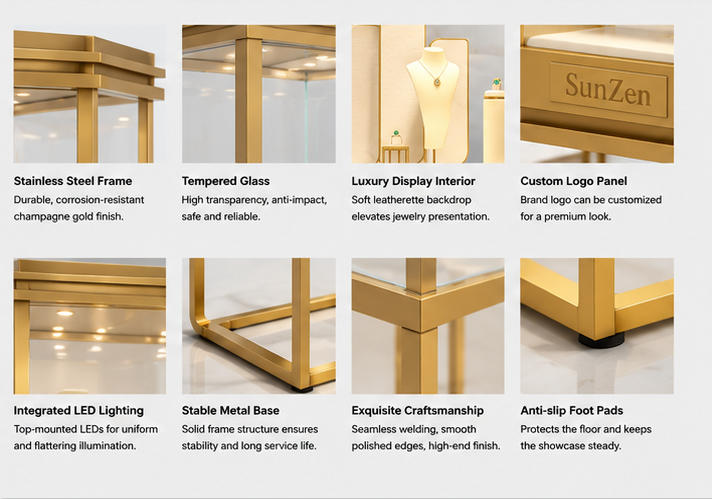 Material & Craft Close-up of All Polished Golden Hollow Square Frame Cube Glass Vertical Jewelry Display Pedestal Tower