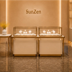 Decor Jewelry Table | Gold Jewel Counter - Sunzen 3 Full render dual gold jewel counter plus matching decor jewelry table light luxury boutique fixture set