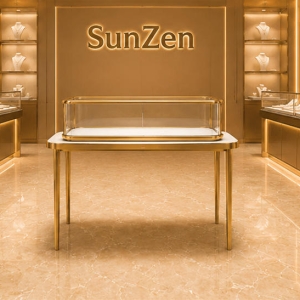 Raised Long Vitrine | Elevated Counter Stand Four Leg Slim Table - Sunzen 3 Full front render long narrow kiosk four leg slim table with removable low profile glass tray raised long vitrine elevated counter stand for linear jewelry presentation