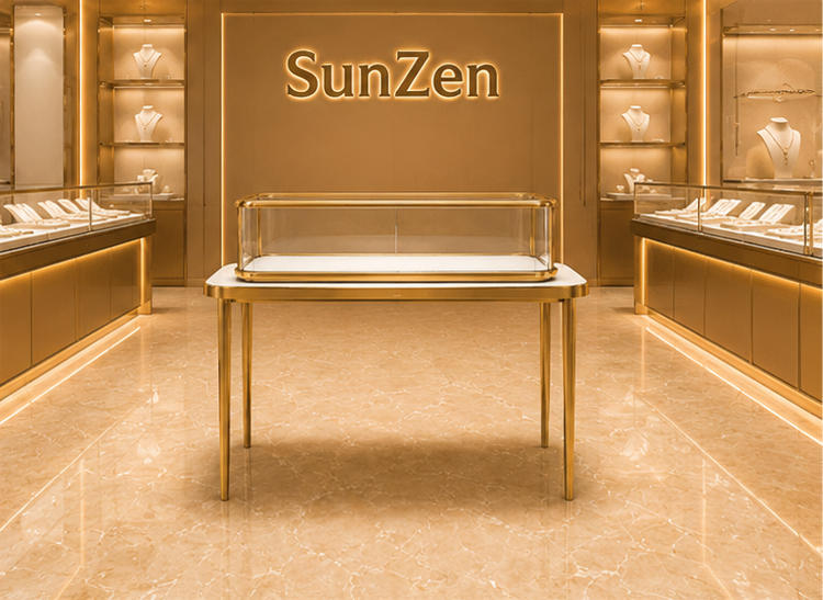 Full front render long narrow kiosk four leg slim table with removable low profile glass tray raised long vitrine elevated counter stand for linear jewelry presentation