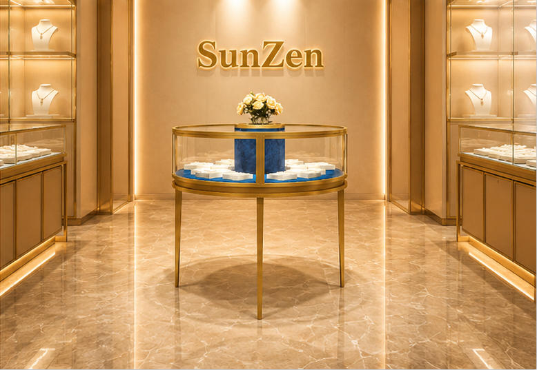 Full front render single round jewel island gold glass circular display booth with built-in floral decor center for boutique central zone