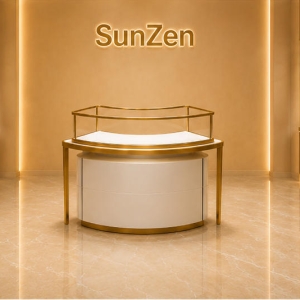 Curved Jewel Island | Semicircle Kiosk Unit Wave Metal Frame - Sunzen 3 Full front render semicircle kiosk unit curved jewel island two-tier wave gold frame with large rounded drawer storage base