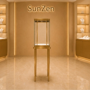 Rounded Top Vitrine | Single Tower Display Two Post Pedestal - Sunzen 3 Full front render single tower display rounded top vitrine 3-side glass booth supported by thin two post slender floor plinth for boutique signature jewelry presentation
