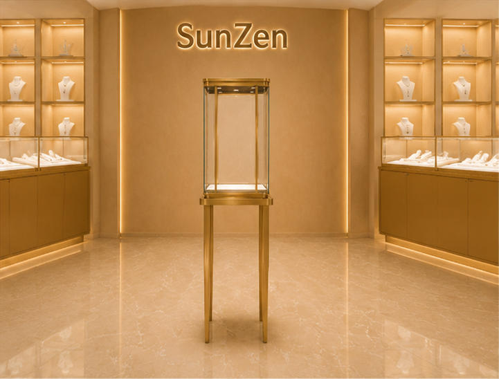 Full front render single tower display rounded top vitrine 3-side glass booth supported by thin two post slender floor plinth for boutique signature jewelry presentation