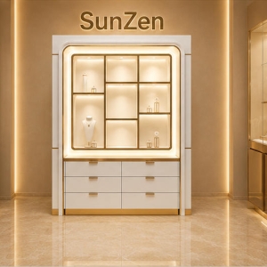Grid Shelf Cabinet | Drawer Jewel Wallcase Backlit Niche Unit - Sunzen 3 Full front render segmented wall showcase integrated grid shelf cabinet drawer jewel wallcase storage jewelry hutch with perimeter LED light strip