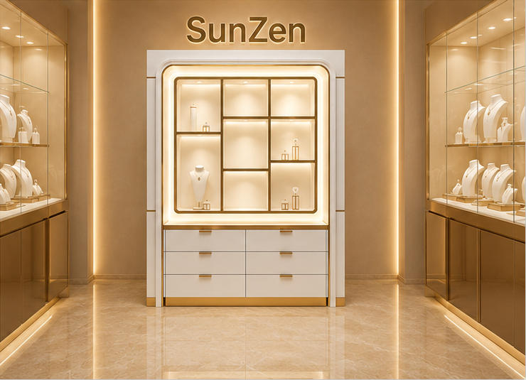 Full front render segmented wall showcase integrated grid shelf cabinet drawer jewel wallcase storage jewelry hutch with perimeter LED light strip