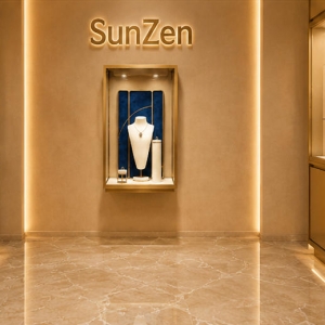 Wall Jewel Vitrine | Gold Frame Wall Mounted Booth - Sunzen 3 Full front render wall mounted booth wall jewel vitrine gold frame wall case with blue silk backdrop and layered necklace bust display set