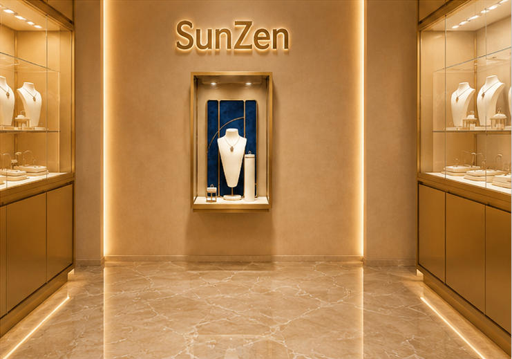 Full front render wall mounted booth wall jewel vitrine gold frame wall case with blue silk backdrop and layered necklace bust display set