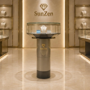 Jewelry Round Cylinder Pedestal | Gradient Metal Circular Glass Display Tower – Sunzen 6 Real Installation Shot In Futuristic Minimalist Art Fine Jewelry Boutique Window Front