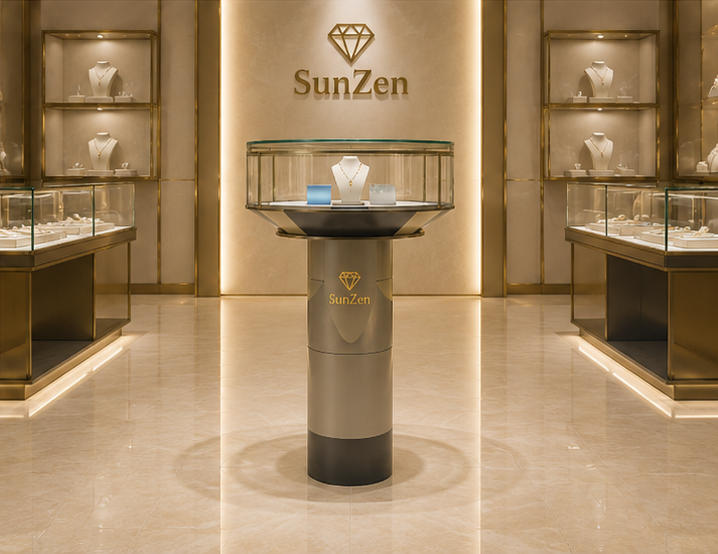 Real Installation Shot In Futuristic Minimalist Art Fine Jewelry Boutique Window Front