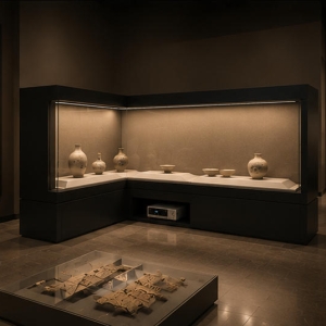 L Corner Wall Vitrine | Dual Side Artifact Booth Built-In Gear Heritage Case Two Way Linear Exhibit Unit Recess Equipment Display Cabinet 6 On-site render l corner wall vitrine two way linear exhibit unit recess equipment display cabinet installed at gallery wall turning corner