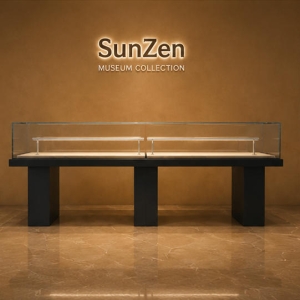 Multi Plinth Long Vitrine | Open Frame Horizontal Booth Linear Artifact Display Table Triple Support Exhibit Cabinet Long Linear Heritage Case 3 On-site render multi plinth long vitrine triple support exhibit cabinet long linear heritage case installed inside history museum long corridor