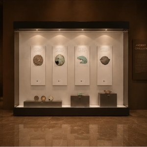 Dual-Layer Wall Vitrine | Hanging Plaque Booth Tier Podium Case Multi-Item Wall Unit Layered Metal Cabinet 6 On-site render dual-layer wall vitrine layered metal cabinet mounted in archaeological gallery