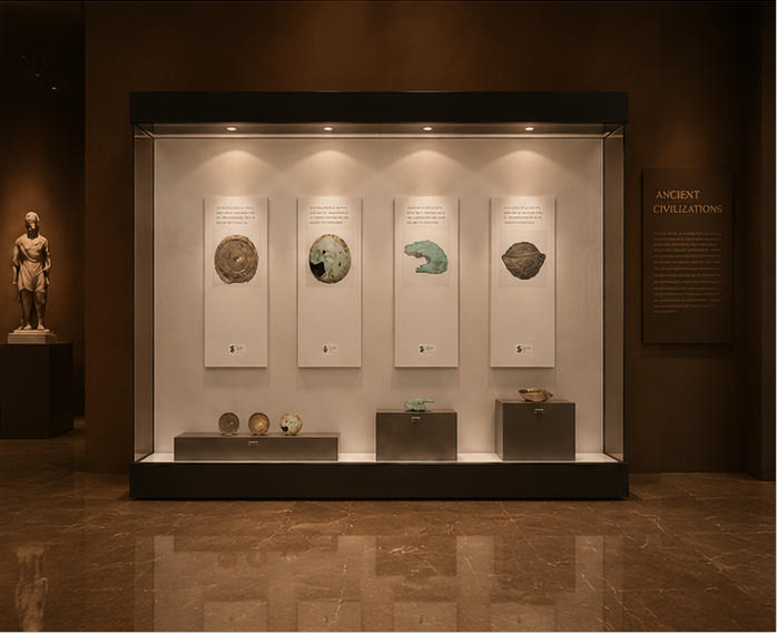 On-site render dual-layer wall vitrine layered metal cabinet mounted in archaeological gallery