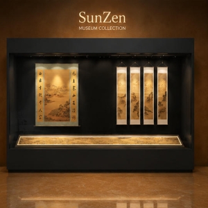 On-site render scroll painting display vitrine hanging calligraphy booth wall recess artwork cabinet installed in traditional art museum