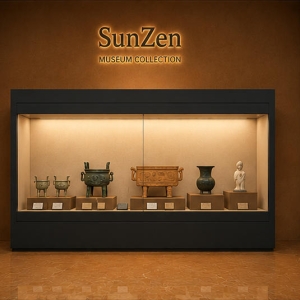 On-site render recessed wall artifact cabinet fabric lined museum case wall mount heritage booth installed inside art gallery
