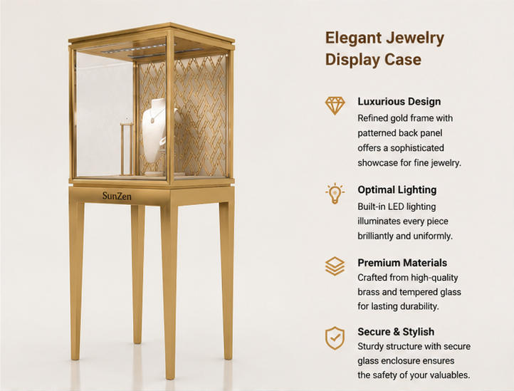 Close-up hollow geometric gold pattern backboard, top long strip anti-glare LED light, matching white necklace bust inside pattern gold back pedestal four leg tower vitrine