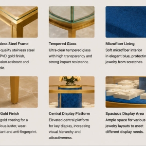 Round Jewel Island | Gold Glass Circular Display Booth - Sunzen 4 Close-up mirror gold frame gold glass counter thick blue velvet tray thin vertical gold leg central floral plinth texture
