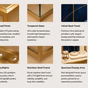 Wall Jewel Vitrine | Gold Frame Wall Mounted Booth - Sunzen 4 Close-up mirror gold frame wall jewel vitrine, thick textured blue silk backdrop, foam necklace bust stand and wall mounted booth trim texture
