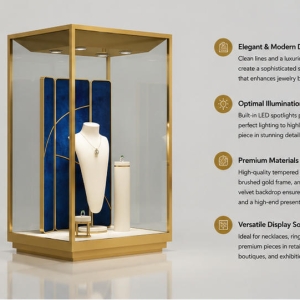 Jewelry Cube Display Cabinet | Gold Frame Blue Backdrop Vertical Showcase - SUNZEN 4 45 Degree Full Render of All Polished Golden Cube Frame Blue Partition Backdrop Vertical Jewelry Focal Display Cabinet