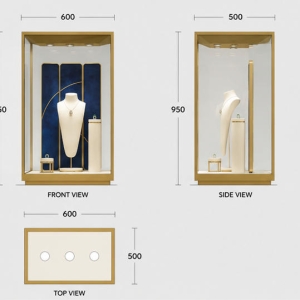 Jewelry Cube Display Cabinet | Gold Frame Blue Backdrop Vertical Showcase - SUNZEN 3 Jewelry Cube Display Cabinet CAD Structural Drawing