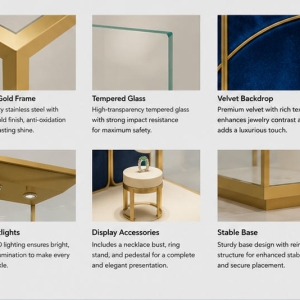 Jewelry Cube Display Cabinet | Gold Frame Blue Backdrop Vertical Showcase - SUNZEN 5 Material & Craft Close-up of All Polished Golden Cube Frame Blue Partition Backdrop Vertical Jewelry Cube Display Cabinet