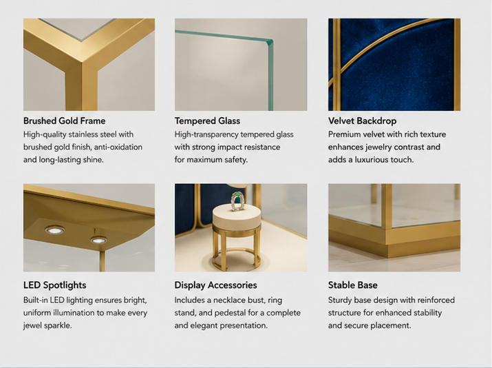 Material & Craft Close-up of All Polished Golden Cube Frame Blue Partition Backdrop Vertical Jewelry Cube Display Cabinet