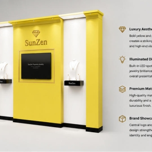 Jewelry Dual Niche Gold Accent Display Wall | Central Screen Brand Backdrop – Sunzen 4 45 Degree Full Render of Gold Accent Dual Niche Brand Backdrop