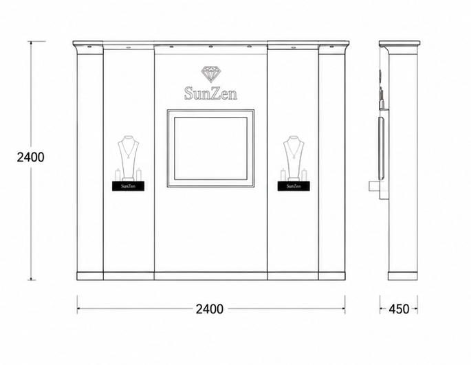 Jewelry Dual Niche Gold Accent Display Wall CAD Drawing