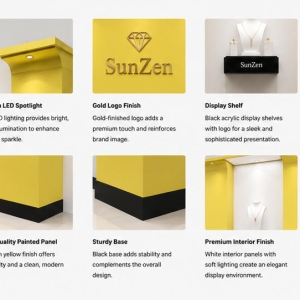 Jewelry Dual Niche Gold Accent Display Wall | Central Screen Brand Backdrop – Sunzen 5 Material & Craft Close-up of Gold Accent Dual Niche Display Wall
