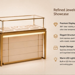 Gold Frame Jewelry Vitrine | Drawer Base Retail Booth Rectangle Glass Top Case Under Cabinet Light Unit Luxury Gem Display Cabinet 5 Close-up polished gold metal frame, rectangular UV glass cover, recessed under-cabinet warm ambient light inside gold frame jewelry vitrine drawer base retail booth