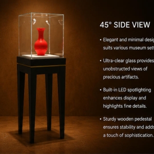 Four Leg Vitrine | Gold Trim Jewel Booth Slender Black Tall Case Mini Cube Glass Unit Red Vase Relic Cabinet 4 Close-up thin gold decorative trim strip, detachable mini cube UV glass hood, soft white anti-slip display plinth inside four leg vitrine gold trim jewel booth