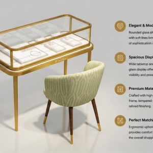 Jewelry consultation table | Light Luxury Matching Fabric Chair Retail Showcase Set – Sunzen 4 45 Degree Full Render of Ultra Slim Golden Metal Leg Rounded Gold Frame Glass Jewelry Consultation Table with Matching Green Stripe Fabric Leisure Chair