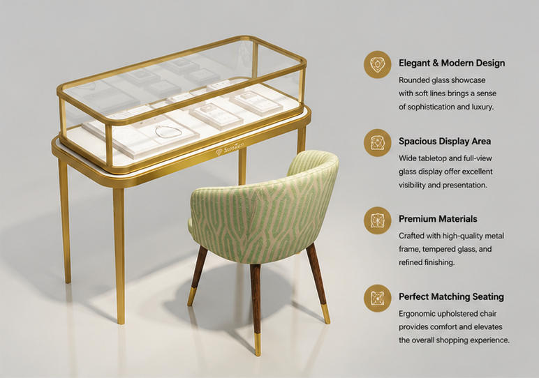 45 Degree Full Render of Ultra Slim Golden Metal Leg Rounded Gold Frame Glass Jewelry Consultation Table with Matching Green Stripe Fabric Leisure Chair