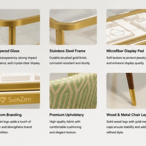 Jewelry consultation table | Light Luxury Matching Fabric Chair Retail Showcase Set – Sunzen 5 Material & Craft Close-up of Ultra Slim Golden Metal Leg Rounded Gold Frame Glass Jewelry Consultation Table and Green Stripe Fabric Matching Chair Set