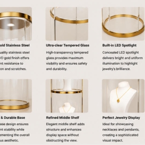 Tall Cylinder Jewelry Tower | Gold Rim Glass Pedestal Vertical Round Vitrine – Sunzen Display 4 Material craft close-up of polished gold stainless steel circular frame, seamless vertical cylindrical tempered glass, matte white bust base