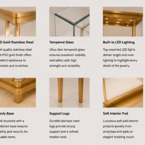 Rounded Top Vitrine | Single Tower Display Two Post Pedestal - Sunzen 4 Close-up mirror gold rounded top vitrine frame 3-side transparent glass thin two post pedestal slender floor plinth edge texture