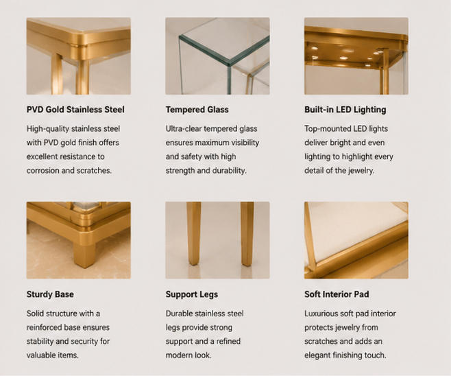 Close-up mirror gold rounded top vitrine frame 3-side transparent glass thin two post pedestal slender floor plinth edge texture