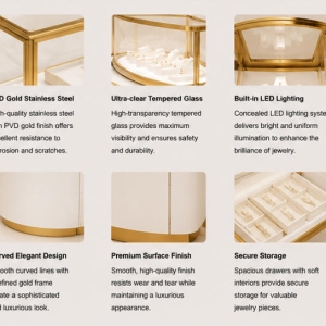 Curved Modular Jewelry Island | Gold Trim Glass Counter Central Jewelry Kiosk – Sunzen Display 4 Material craft close-up of polished gold stainless steel trim, curved tempered glass, matte white solid curved cabinet panel