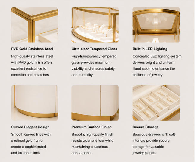Material craft close-up of polished gold stainless steel trim, curved tempered glass, matte white solid curved cabinet panel
