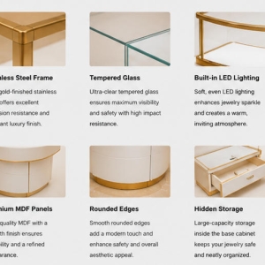 Curved Jewel Island | Semicircle Kiosk Unit Wave Metal Frame - Sunzen 4 Close-up mirror gold wave metal frame matte white raised tier plinth curved rounded drawer base edge trim texture