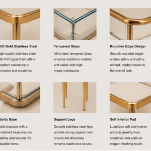 Raised Long Vitrine | Elevated Counter Stand Four Leg Slim Table - Sunzen 4 Close-up mirror gold raised long vitrine rounded frame matte white four leg slim table thin metal leg low profile glass tray texture