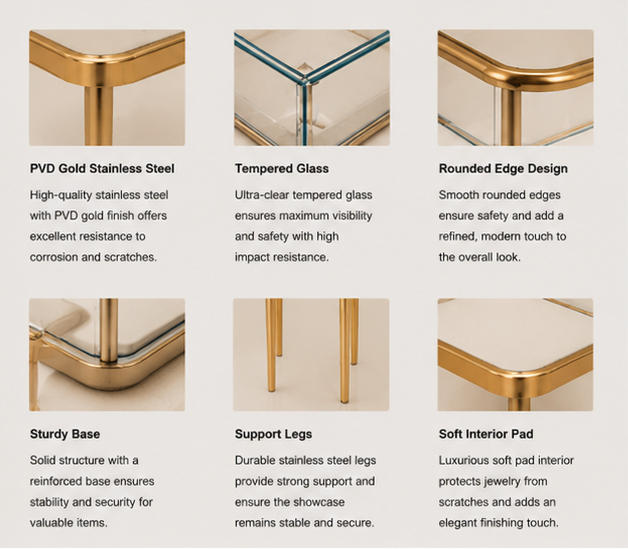 Close-up mirror gold raised long vitrine rounded frame matte white four leg slim table thin metal leg low profile glass tray texture