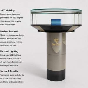 Jewelry Round Cylinder Pedestal | Gradient Metal Circular Glass Display Tower – Sunzen 4 45 Degree Full Render of Gradient Metal Circular Glass Vertical Jewelry Display Tower