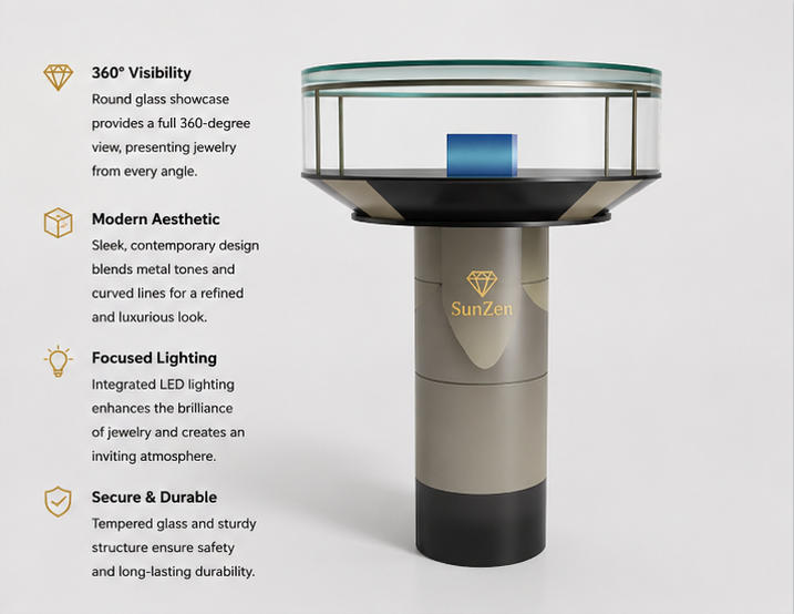 45 Degree Full Render of Gradient Metal Circular Glass Vertical Jewelry Display Tower
