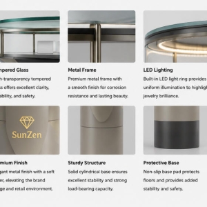Jewelry Round Cylinder Pedestal | Gradient Metal Circular Glass Display Tower – Sunzen 5 Material & Craft Close-up of Gradient Metal Circular Glass Jewelry Round Cylinder Pedestal
