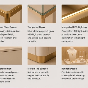 Velvet Jewelry Stand | Gold Frame Display Table - Sunzen 4 Close-up emerald green velvet jewelry stand interior, mirror gold frame necklace display case thin metal leg display table white storage cabinet trim