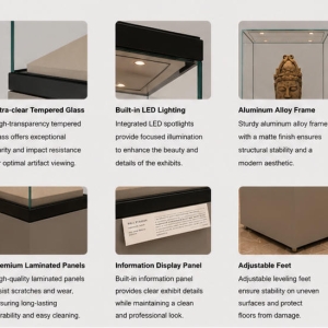 Tall Vertical Artifact Vitrine | Pedestal Museum Plinth Upright Heritage Kiosk – Sunzen Display 4 Material craft close-up of matte grey solid cabinet, black aluminum glass frame, archival beige suede pyramid base, UV tempered glass