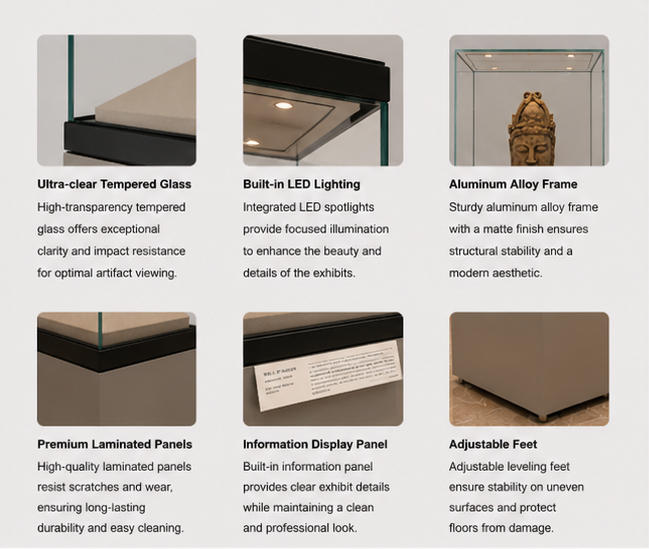 Material craft close-up of matte grey solid cabinet, black aluminum glass frame, archival beige suede pyramid base, UV tempered glass
